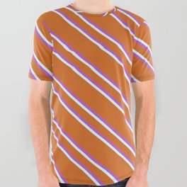 [ Thumbnail: Chocolate, Orchid, and Light Cyan Colored Striped/Lined Pattern All Over Graphic Tee ]