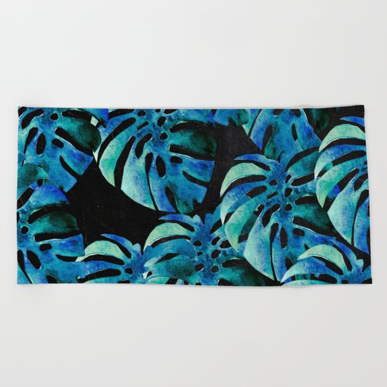Monstera Pattern Blue On Chalkboard Beach Towel