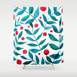 Watercolor berries and branches - turquoise and red Shower Curtain