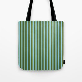 [ Thumbnail: Light Sky Blue, Dark Sea Green, and Dark Olive Green Colored Striped Pattern Tote Bag ]