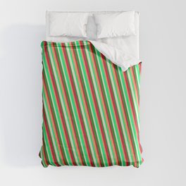 [ Thumbnail: Brown, Green, Beige, Forest Green & Crimson Colored Lined Pattern Duvet Cover ]