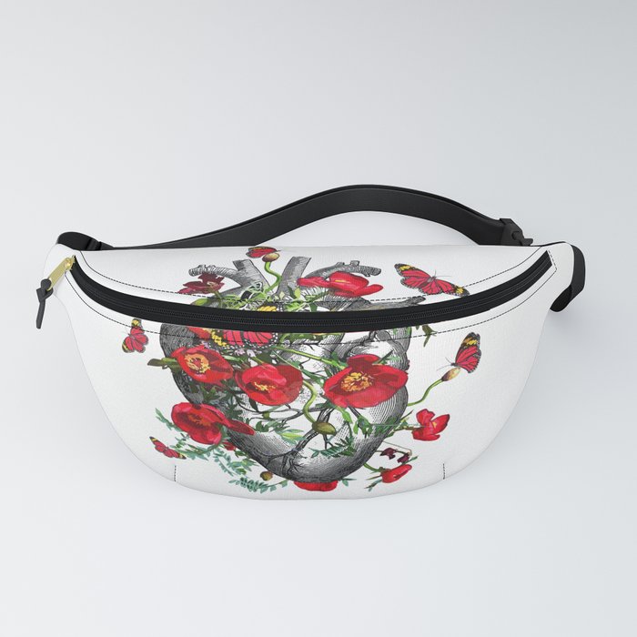 Human heart anatomy with beautiful butterflies and red anemones, floral art of human heart illustration Fanny Pack