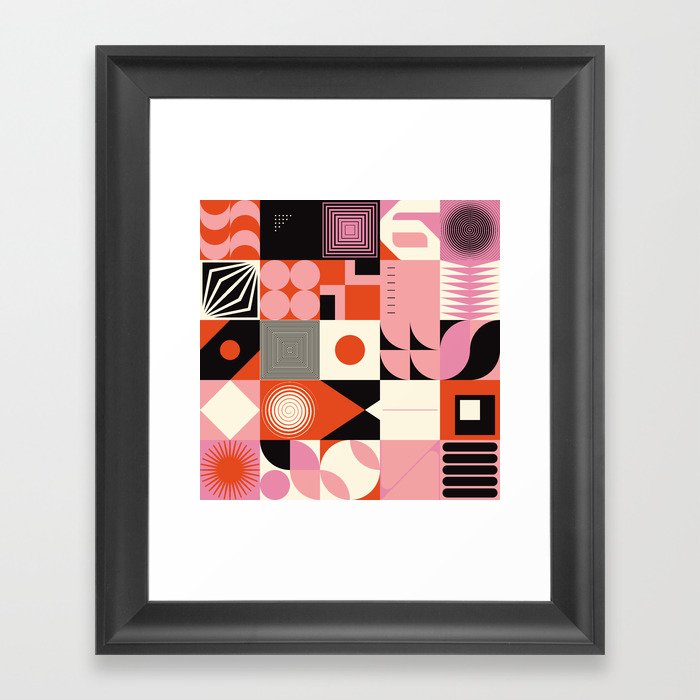 Scandinavian inspired artwork pattern made with simple geometrical forms and cutout colorful shapes. Abstract composition Framed Art Print