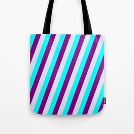 [ Thumbnail: Aqua, Purple, and Lavender Colored Lined Pattern Tote Bag ]