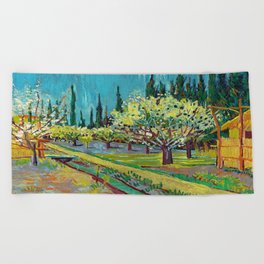 Orchard Bordered by Cypresses, 1888 by Vincent van Gog Beach Towel