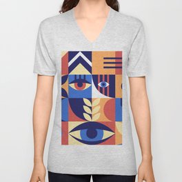 Bauhaus geometric abstract elements with eyes and simple forms. Modern style shapes, minimalistic retro design. Hipster 20s trend collage, illustration.  V Neck T Shirt