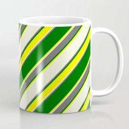 [ Thumbnail: Beige, Dim Gray, Dark Green & Yellow Colored Lined Pattern Coffee Mug ]