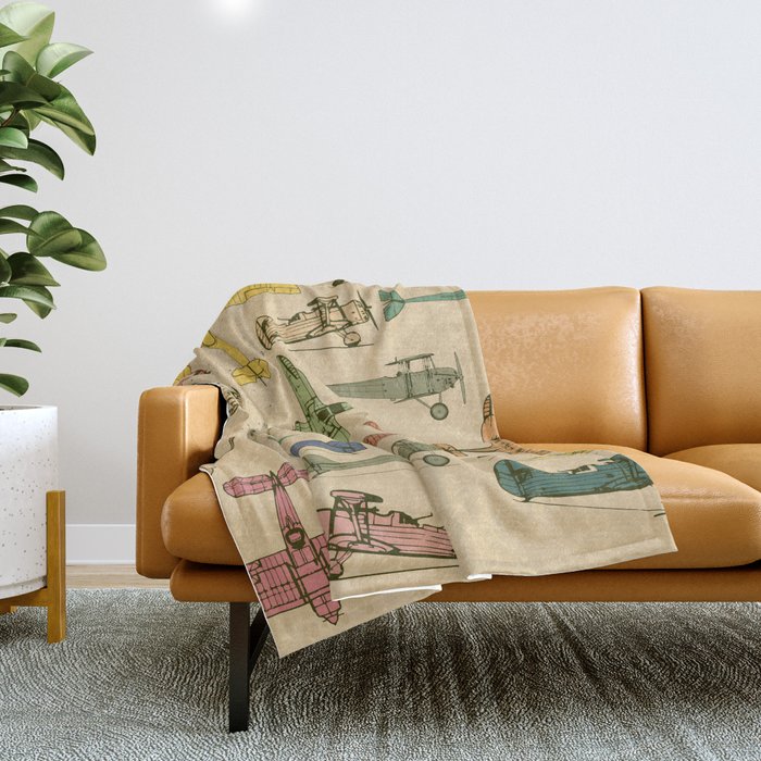 Airplanes. Retro seamless pattern on vintage old paper. Plus three objects cracked surface. Grunge effects Throw Blanket