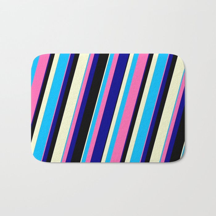 Vibrant Deep Sky Blue, Hot Pink, Dark Blue, Black, and Light Yellow Colored Lines/Stripes Pattern Bath Mat