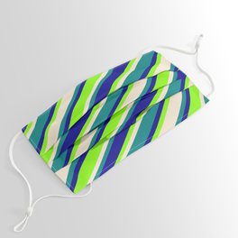 [ Thumbnail: Dark Blue, Chartreuse, Beige, and Teal Colored Stripes/Lines Pattern Face Mask ]