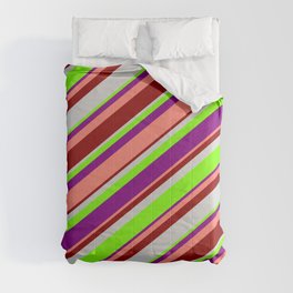[ Thumbnail: Light Grey, Green, Purple, Salmon, and Dark Red Colored Striped Pattern Comforter ]