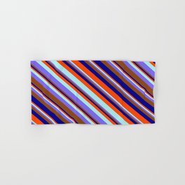 [ Thumbnail: Red, Turquoise, Medium Slate Blue, Brown & Dark Blue Colored Striped/Lined Pattern Hand & Bath Towel ]