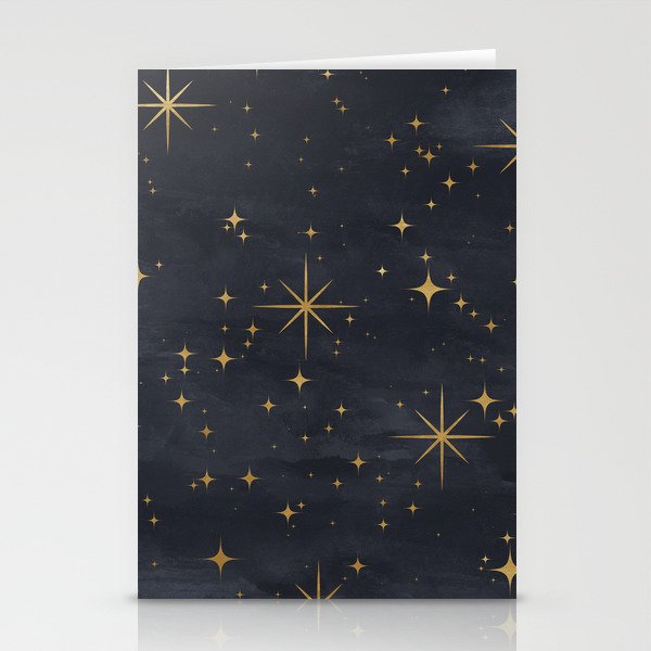 Gold Stars Black Ink Night Sky Magical Mid Century Pattern Stationery Cards