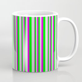 [ Thumbnail: Fuchsia, Lime, and Light Grey Colored Lined/Striped Pattern Coffee Mug ]