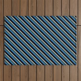 [ Thumbnail: Light Grey, Dark Slate Gray, Blue & Black Colored Lines/Stripes Pattern Outdoor Rug ]