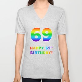 [ Thumbnail: HAPPY 69TH BIRTHDAY - Multicolored Rainbow Spectrum Gradient V Neck T Shirt V-Neck T-Shirt ]