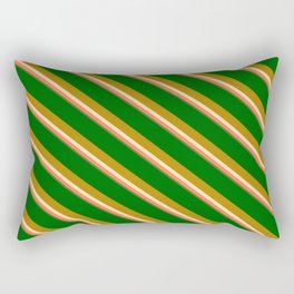 [ Thumbnail: Eyecatching Dark Green, Dark Goldenrod, Beige, Coral & Dark Olive Green Colored Lined Pattern Rectangular Pillow ]