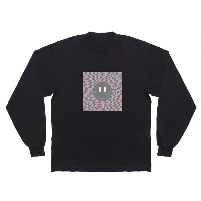 Smiley coral and blue wavy checker Long Sleeve T Shirt