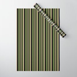 [ Thumbnail: Tan, Black & Dark Olive Green Colored Lined Pattern Wrapping Paper ]