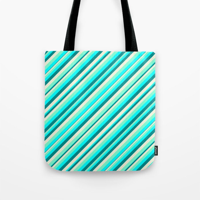 Aquamarine, Cyan, Dark Cyan, and Beige Colored Lined/Striped Pattern Tote Bag