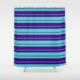 [ Thumbnail: Turquoise and Indigo Colored Lined Pattern Shower Curtain ]