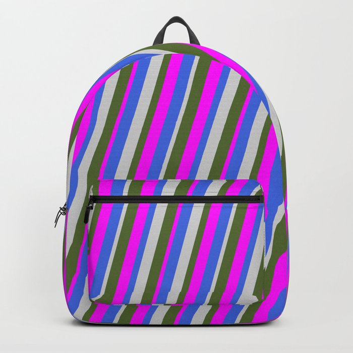 Royal Blue, Light Grey, Dark Olive Green, and Fuchsia Colored Stripes Pattern Backpack