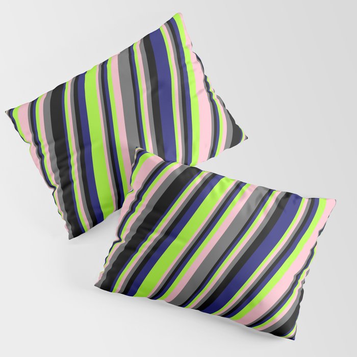 Eye-catching Midnight Blue, Light Green, Pink, Dim Grey, and Black Colored Striped Pattern Pillow Sham