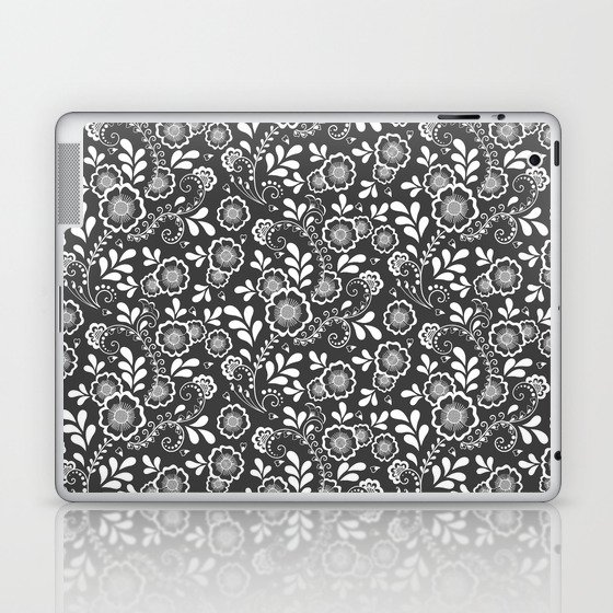 Dark Grey And White Eastern Floral Pattern Laptop & iPad Skin
