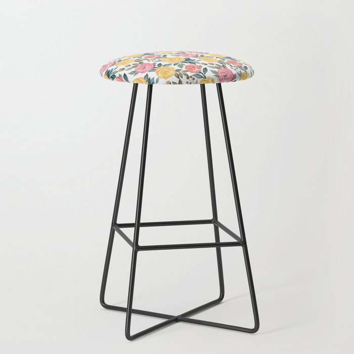 Pink and yellow watercolor flowers Bar Stool