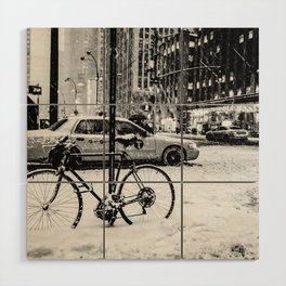 New York City Manhattan street with yellow taxi cab during winter snowstorm black and white Wood Wall Art