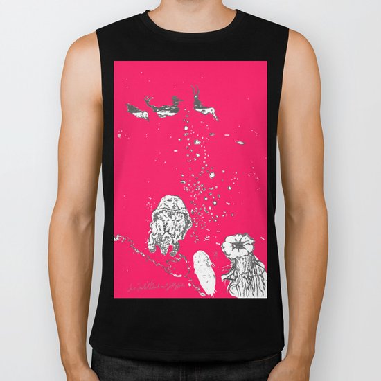 Two Tailed Duck and Jellyfish Bright Red Pink Biker Tank