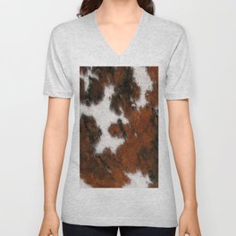 Cozzy Farmhouse Rust Hygge Print of Cowhide Fur V Neck T Shirt