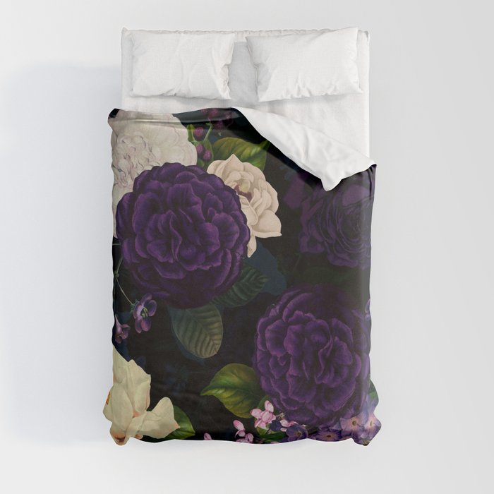 Vintage Midnight Purple Botanical Roses Flower Garden Duvet Cover