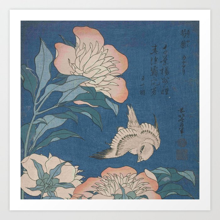 Hokusai, Peonies and Canary  Art Print