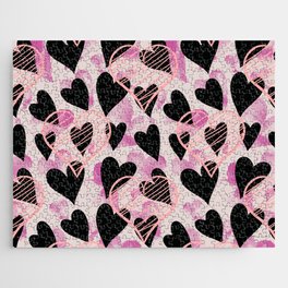 Peach, Pink, Black And Beige Heart Doddled Valentines Day Anniversary Pattern Jigsaw Puzzle