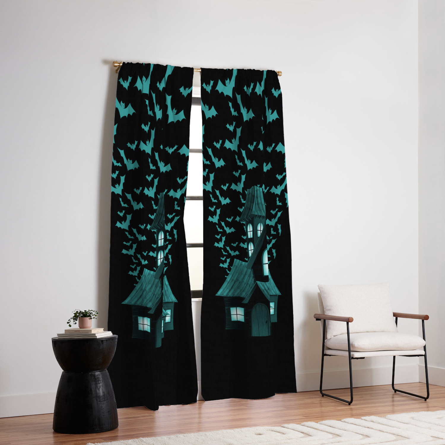 Wrath Blue Halloween Haunted House Bat Flyover Blackout Curtain By