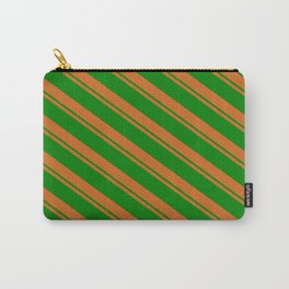 [ Thumbnail: Chocolate and Green Colored Lined/Striped Pattern Carry-All Pouch ]