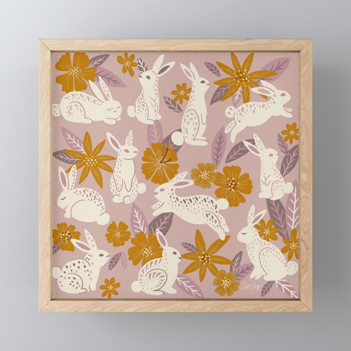 Bunnies & Blooms – Mauve & Ochre Palette Framed Mini Art Print
