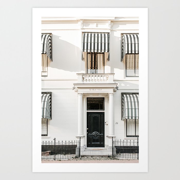 Black door with striped awnings. Minimalistic print - fine art photography Art Print