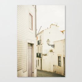 White Architecture in Alfama Lisbon, Portugal - Portugese Tiles in Street - Fine Art Travel Photography Canvas Print