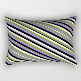 [ Thumbnail: Green, Purple, Black & Beige Colored Lined Pattern Rectangular Pillow ]