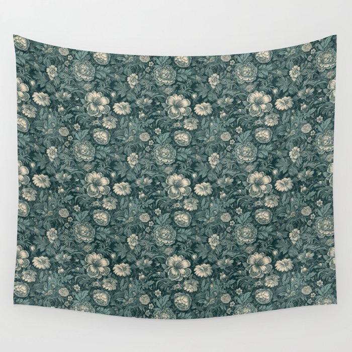 1800's Arsenic Green Floral Pattern Wall Tapestry