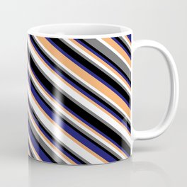 [ Thumbnail: Colorful Brown, White, Dim Gray, Black & Midnight Blue Colored Lines Pattern Coffee Mug ]