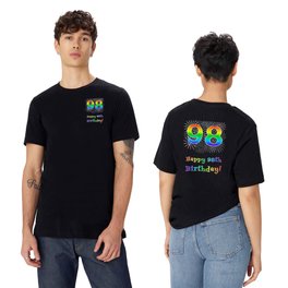 [ Thumbnail: 98th Birthday - Fun Rainbow Spectrum Gradient Pattern Text, Bursting Fireworks Inspired Background T Shirt T-Shirt ]