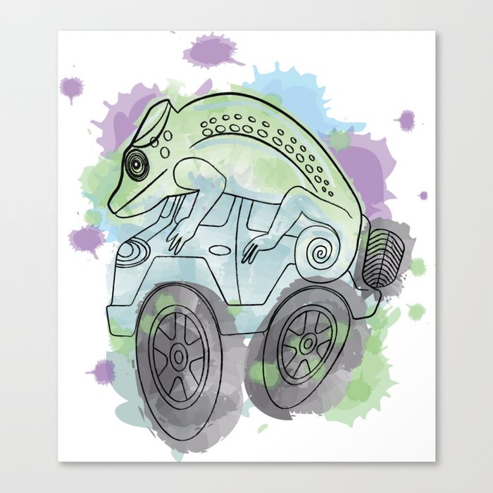 Chameleon Reptile on a Car. Watercolor Splashes Artwork. Canvas Print