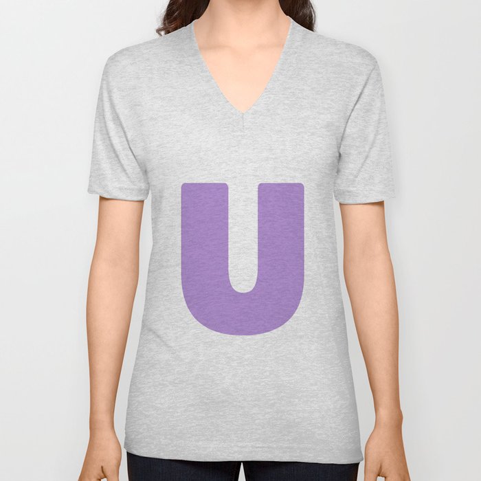U (Lavender & White Letter) V Neck T Shirt