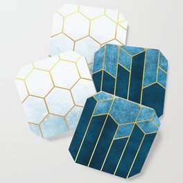 Cerulean Blue + Golden Hexagons Abstract Design Coaster | Goldbluemarble, Goldblueabstract, Abstractgeometry, Abstractwatercolor, Abstractshapes, Abstractbluegold, Abstractgeometric, Painting, Modernart, Goldhexagons 