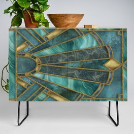 Elegant Stained Glass Art Deco Window With Marble And Gemstone Credenza