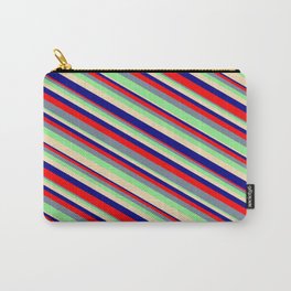[ Thumbnail: Tan, Blue, Red, Light Slate Gray, and Light Green Colored Stripes/Lines Pattern Carry-All Pouch ]