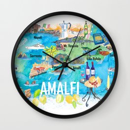 Amalfi Italy Illustrated Mediterranean Travel Map with Highlights of Gulf of Naples Wall Clock | Painting, Amalfigeography, Positano, Amalfisouvenir, Amalfimap, Amalfiposter, Amalfiprint, Amalfiattractions, Italymap, Amalfihighlights 